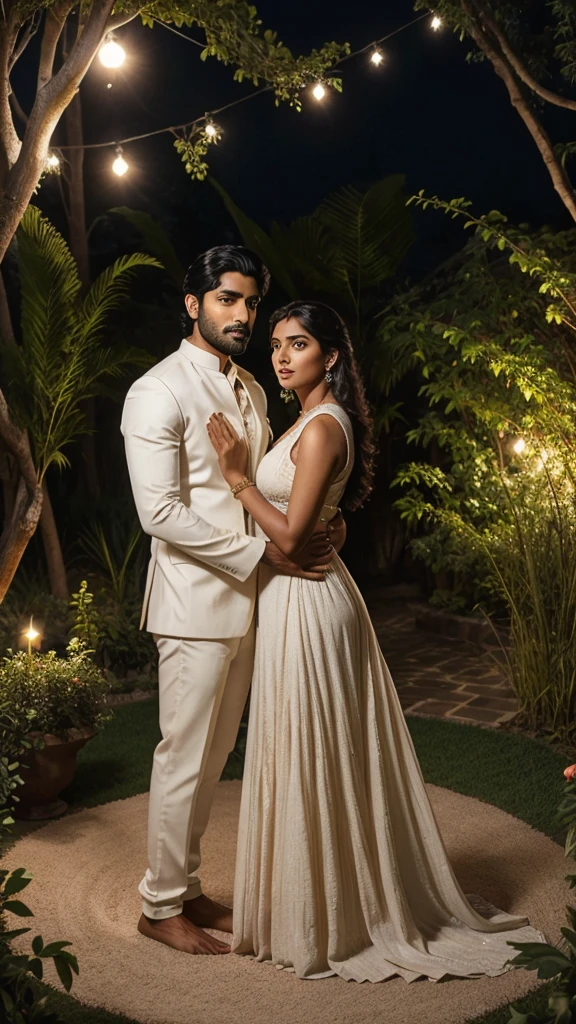 a Beautiful Indian couple of handsome men and beautiful women, romantic pose, in big moon night, dinner in garden, soothing tones, muted colors, high contrast, (natural skin texture, hyperrealism, soft light, sharp, full body), Beautiful background,simple background,
INFO