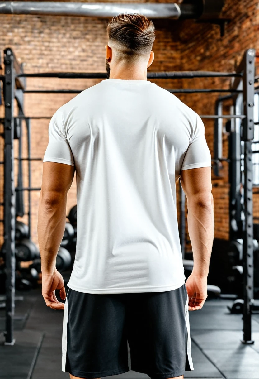 generate an image of large t-shirt oversized model to post on Instagram and create an advertisement for oversized white gym t-shirts. The image should feature the t-shirts from the back, with people modeling them from the front and back. The focus should be primarily on the back, highlighting the back area for easy editing to add prints on the t-shirts. The environment should be a rustic, slightly dark gym setting to give an authentic workout atmosphere. The images should appeal to stylish individuals who go to the gym and consume gym-related clothing and products. The images should be well-defined and in high resolution. The primary focus should be on the back of the t-shirts, plain shirt