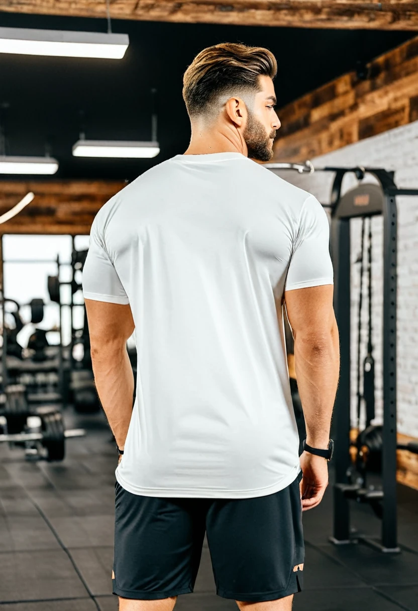 generate an image of t-shirt oversized model to post on Instagram and create an advertisement for oversized white gym t-shirts. The image should feature the t-shirts from the back, with people modeling them from the front and back. The focus should be primarily on the back, highlighting the back area for easy editing to add prints on the t-shirts. The environment should be a rustic, slightly dark gym setting to give an authentic workout atmosphere. The images should appeal to stylish individuals who go to the gym and consume gym-related clothing and products. The images should be well-defined and in high resolution. The primary focus should be on the back of the t-shirts, plain shirt