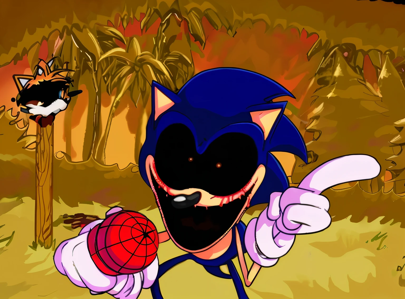 Sonic.Exe sostiene un micrófono rojo en su mano, an image inspired by friday night Funkin vs Sonic.Exe, Sonic.Exe, Horror art, Sonic.Exe en un surrealista green hill prendida en Fuego, Sonic.Exe parece que puso la cabeza de tails en un palo lleno de sangre, Sonic.Exe, juego By Sonic.Exe, By Sonic, Joshy Sly style art, retrato By Sonic.Exe, ilustración By Sonic the hedgehog, sonic oc, Sonic hedgehog