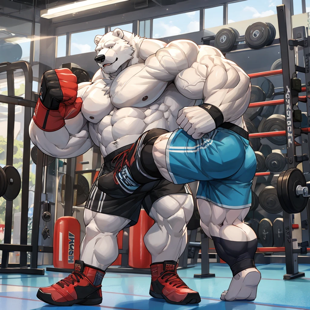  One tall Polar Bear with big muscular body in a huge white fur shirtless and topless with light blue MMA shorts MMA gloves and a MMA foot wear, veiny, at the gym, MMA Training punching and kicking