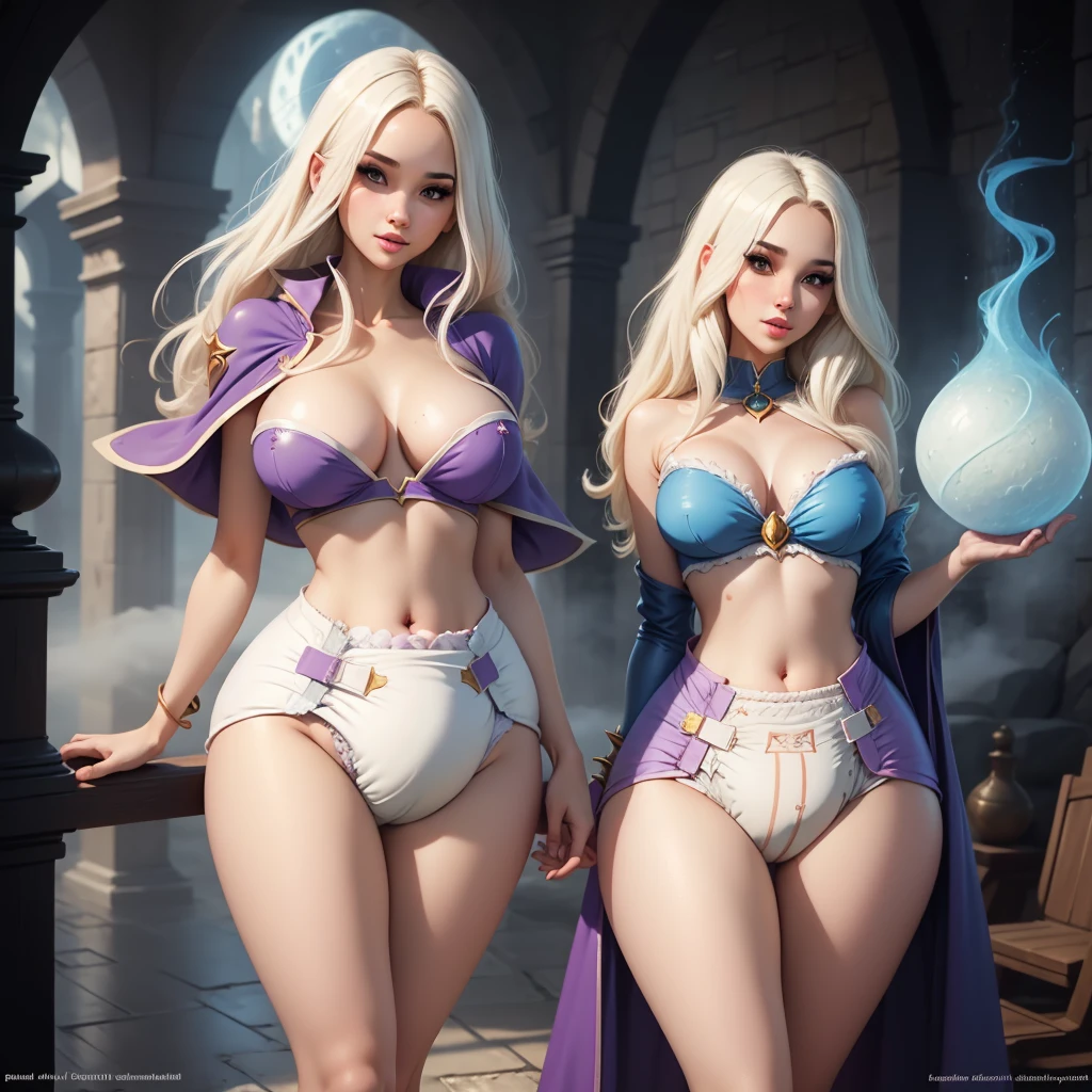 A sexy sorceress woman wearing a (puffy diaper), (wet diaper), slim hips, slim body, slim legs, seductive, flirty, magical fog, atmospheric, magical charms, magic spell, sorceress robe, magic aura