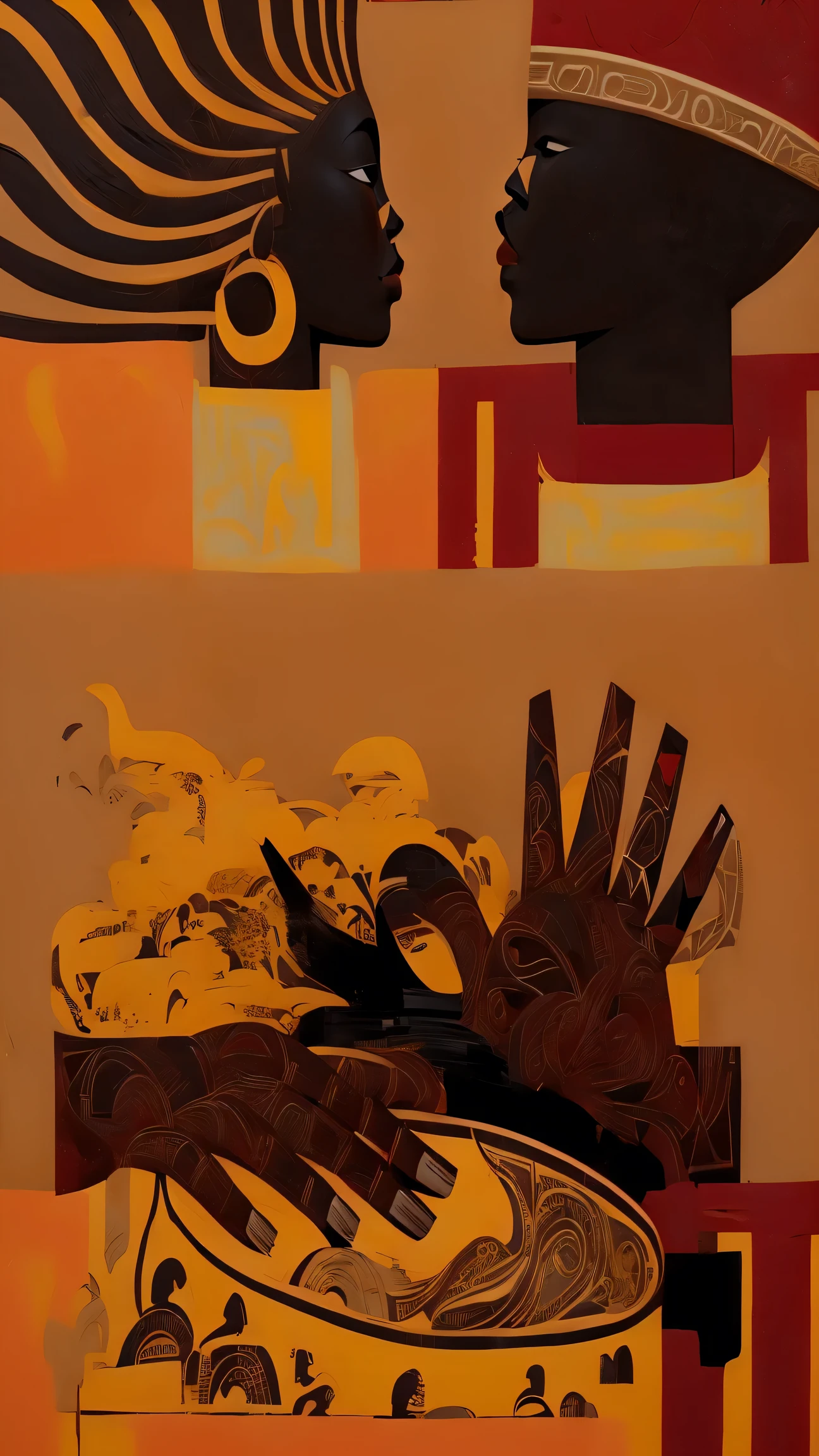 a close up of a painting of a person with a drum, tribal ancient imagery, stylised graphic novel, by Odhise Paskali, illustrative and abstract, by Siona Shimshi, digital illustration, illustrative!!, illustration!, ( ( dark skin ) ), african iconography, african arts magazine, illustration”, by Alice Rahon, african arts, detalhe no rosto e nas mãos, detalhes de artes africanas onde está marrom com linhas de maori