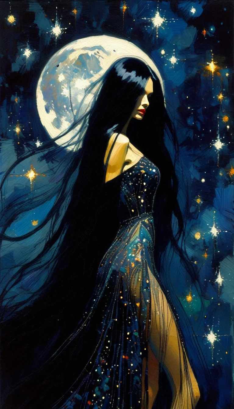 woman with long, sexy black hair, wearing an embroidered dress whose fabrics fly across the image,magic, fantastic, night sky, moon, stars, background, (simple oil painting in a style to Bill Sienkiewicz)