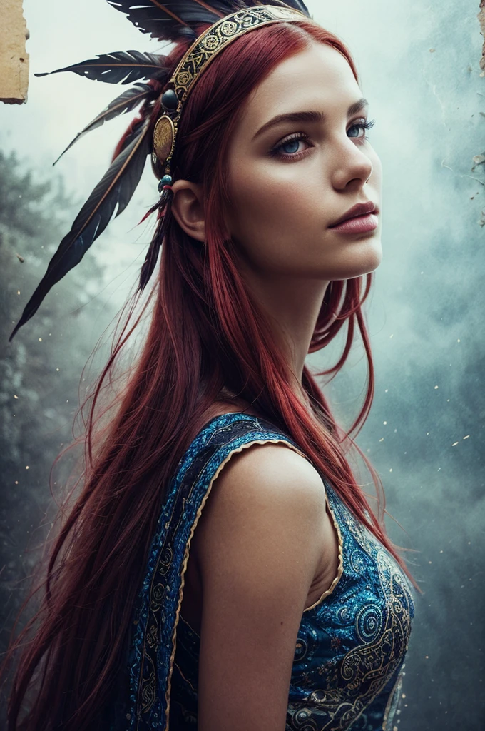 A beautiful red-haired girl in a Native American chief headdress. Surrealist Dream Bookmark by Luis Royo, magie, water colour, inking, acrylic, double exposure, futurist, fancy, great detail, Meia-noite, moonligh, FOG, gothic darkness, art on a cracked paper, detailed storybook illustration, cinematic, ultra highly detailed, small details, Beautiful Details, mystic, Luminism, swirly vibrant colors