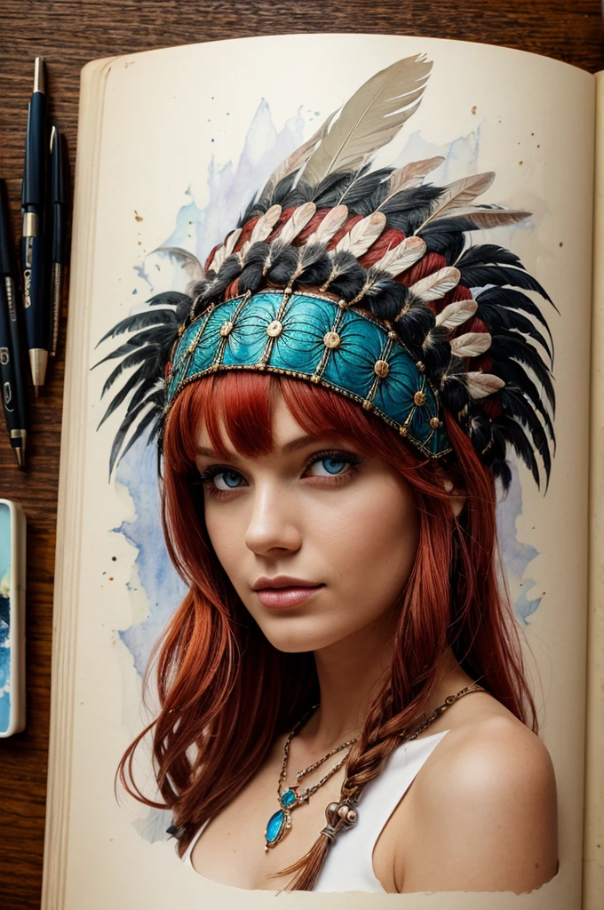A beautiful red-haired girl in a Native American chief headdress. Surrealist Dream Bookmark by Luis Royo, magie, water colour, inking, acrylic, double exposure, futurist, fancy, great detail, Meia-noite, moonligh, FOG, gothic darkness, art on a cracked paper, detailed storybook illustration, cinematic, ultra highly detailed, small details, Beautiful Details, mystic, Luminism, swirly vibrant colors