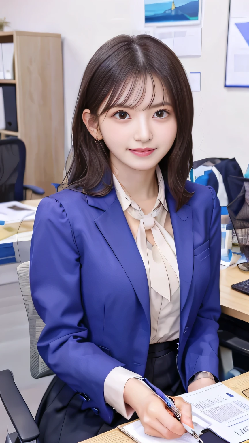 Highest quality:1.2), RAW Photos, High resolution, Very detailed, Intricate details, Woman sitting in office chair、Full body photo、Short Haircut、Wavy Hair、、ear piercing、smile、Beautiful teeth alignment、Brown Hair(Front view, ), Clear beauty, Standing in office room, Upper Body, (High quality fabric, Office Lady Suit 、Knee-length skirt、tights、pumps、Necklace around the neck、, The background is the office