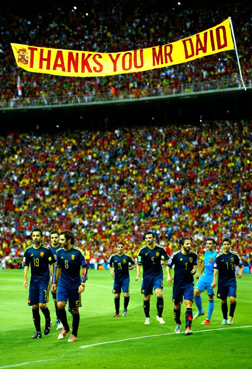 the Spanish soccer team with a banner that says: "Thanks you Mr David"