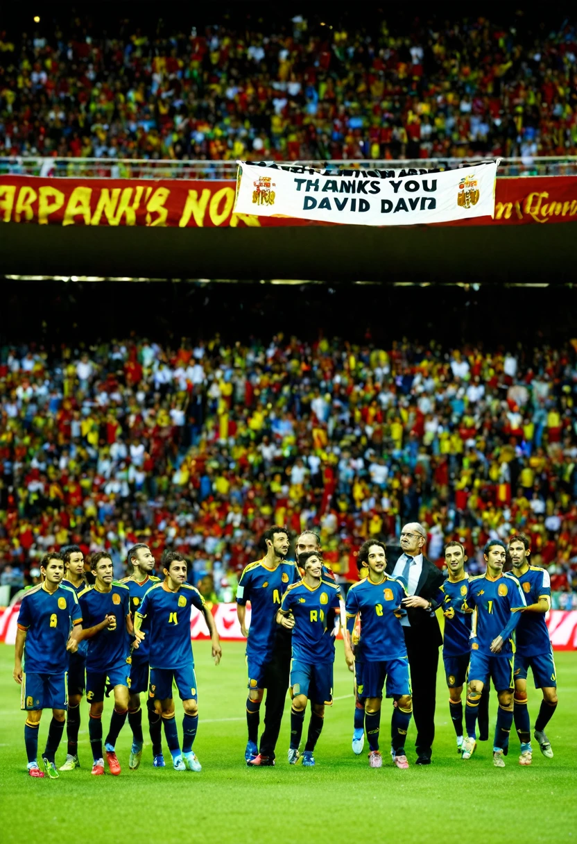the Spanish soccer team with a banner that says: "Thanks you Mr David"