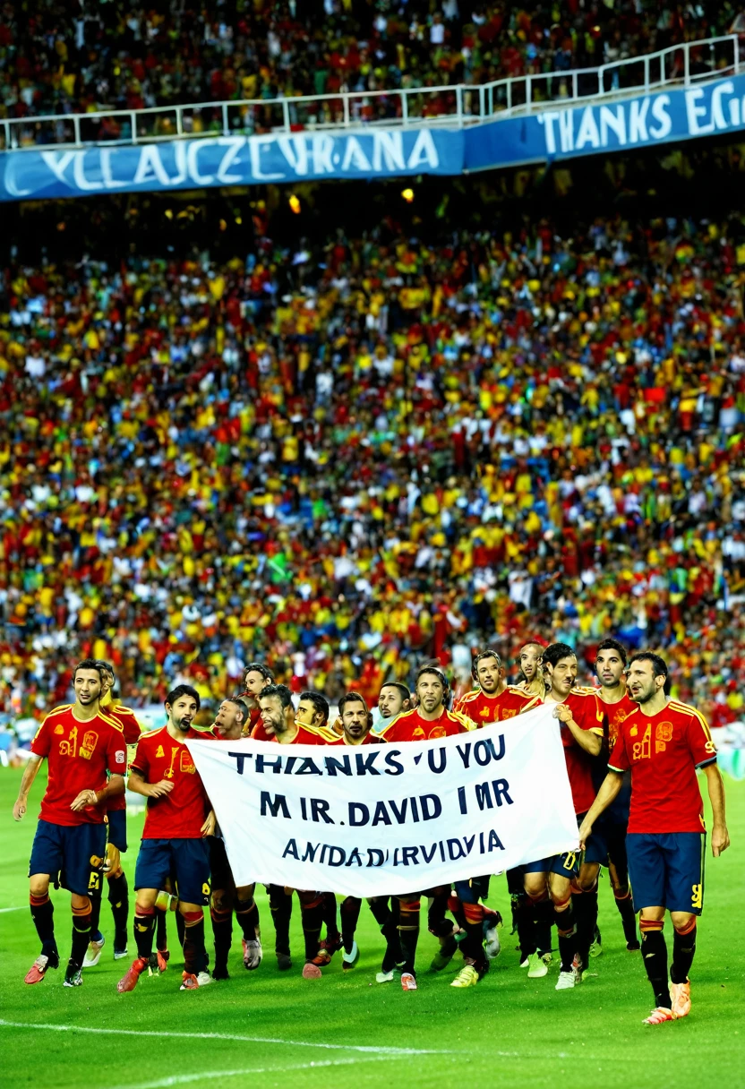 the Spanish soccer team with a banner that says: "Thanks you Mr David"