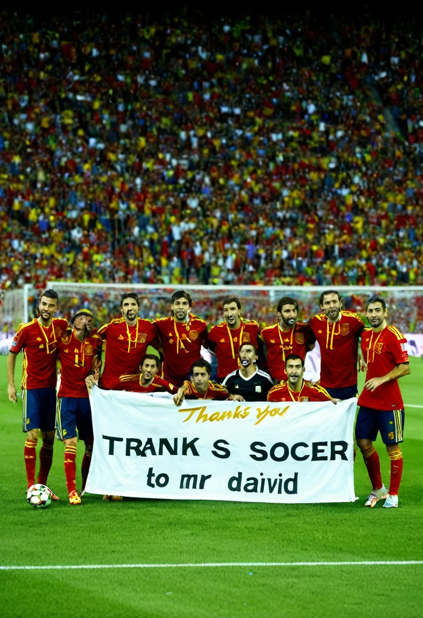 the Spanish soccer team with a banner that says: "Thanks you Mr David"