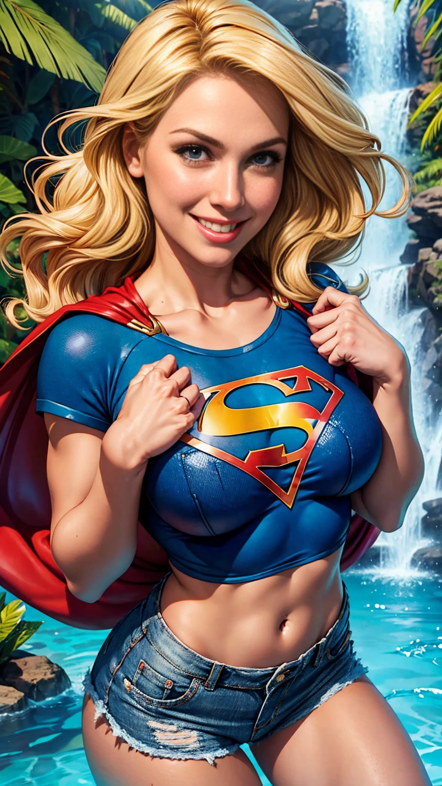 Supergirl, blonde hair, Close up of breasts, pokies, blue crop top, denim bahama shorts, tropical waterfall location, smile