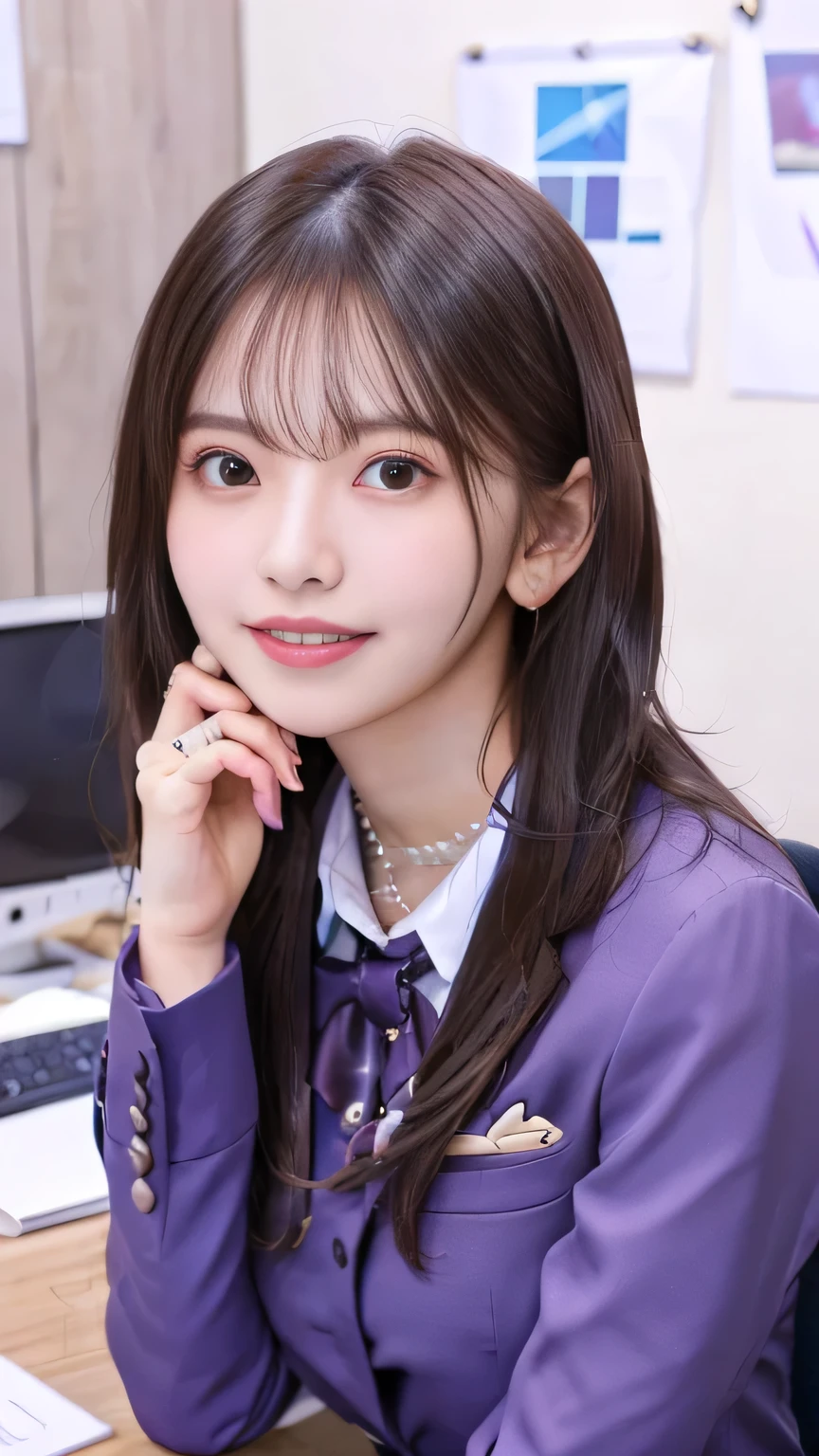 Highest quality:1.2), RAW Photos, High resolution, Very detailed, Intricate details, Woman sitting in office chair、Full body photo、Short Haircut、Wavy Hair、、ear piercing、smile、Beautiful teeth alignment、Brown Hair(Front view, ), Clear beauty, Standing in office room, Upper Body, (High quality fabric, Office Lady Suit 、Necklace around the neck、, The background is the office
