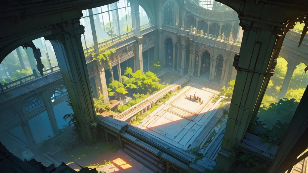 a large abandoned interior of a futuristic train station, covered in lush plants, top view, canary, highly detailed, intricate architecture, warm lighting, cinematic, epic scale, photorealistic, 8k, masterpiece. top view just like a tabletop RPG