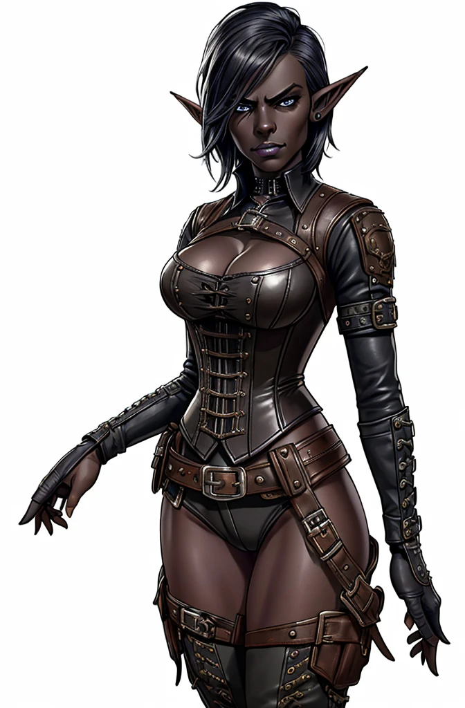 A butch henchwoman, leather corset, steampunk outfit, cowboy style, dark elf with grey skin, highly detailed, realistic, photorealistic, 8K, HDR, ultra-detailed, sharp focus, professional lighting, dramatic lighting, cinematic, moody, dark, gritty, intense, powerful, imposing, menacing, drow, hyper realistic, masterpiece