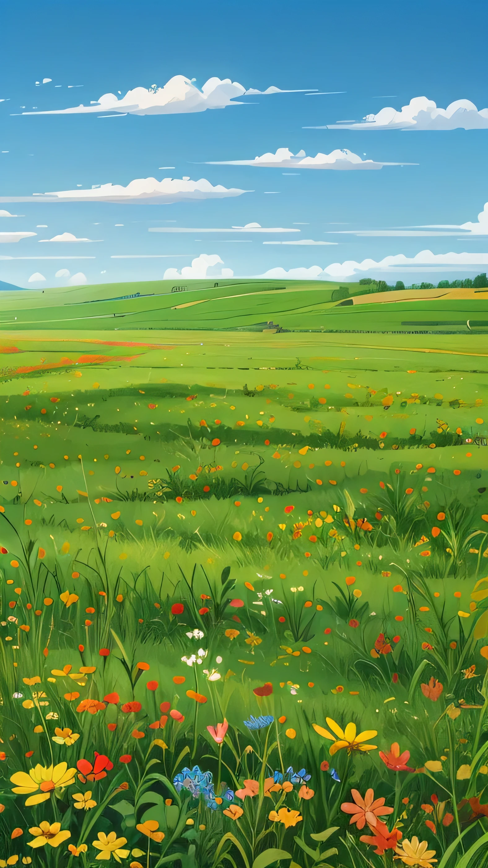 a painting of a green field with a blue sky in the background, straight line of horizon, multicolored flowers, farm field background, meadow background, field background, windows xp, windows xp wallpaper, windows xp background, farm background, windows xp bliss wallpaper, sunny sky background, steppe background, landscape background, blue sky and green grassland, sunny day background, clear sky background, landscape wallpaper, clear summer sky background size 150x100
