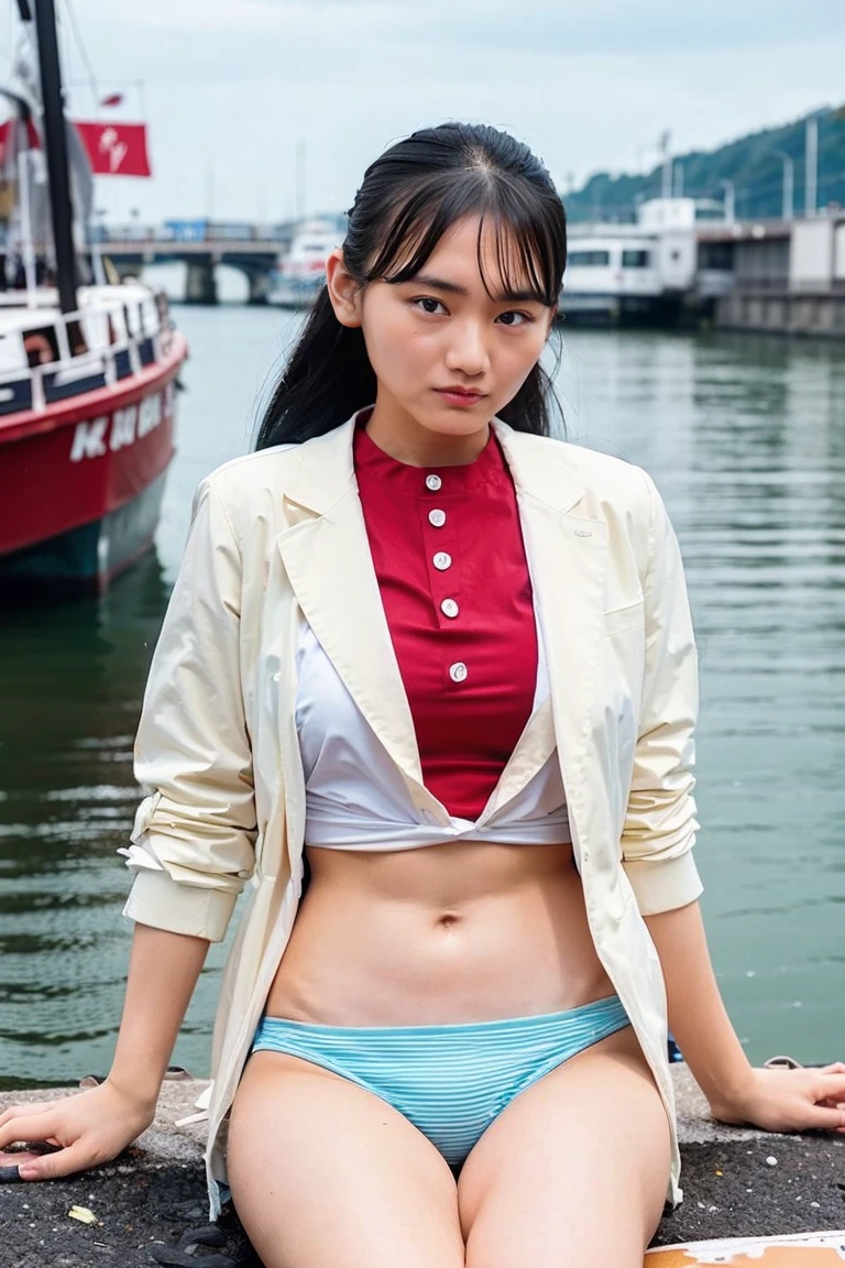(Highest quality、High resolution、8k、masterpiece:1.55、Film Grain)、Japanese women、A woman with a cute upward gaze、The sky darkens、The sun goes down、The sky turns red、Tight clothing that shows your body lines、The collar of his shirt is obscenely open、Open shirt and kyscrapers seen across the sea、Manhattan mysland is visible offshore、Woman on a sightseeing boat、The sun shines on her、No underwear、Light brown hair、Light brown hair、The sky was dyed red、There are cloudyt's cute、Her huge breasts are obvious even when she's wearing clothes.、Lens flare、((Cowgirl Shot))、((Full body close up shot、Big Breasts:1.22))、Highly detailed photos、Very beautiful and ideal、Big Breasts、Super no makeup、(8k、RAW Photos、Highest quality、masterpiece:1.2)、(Realistic、Realistic)、1 girl、((Big Breastsショートヘア、Looking into the camera:1.4))、Hair blowing in the wind