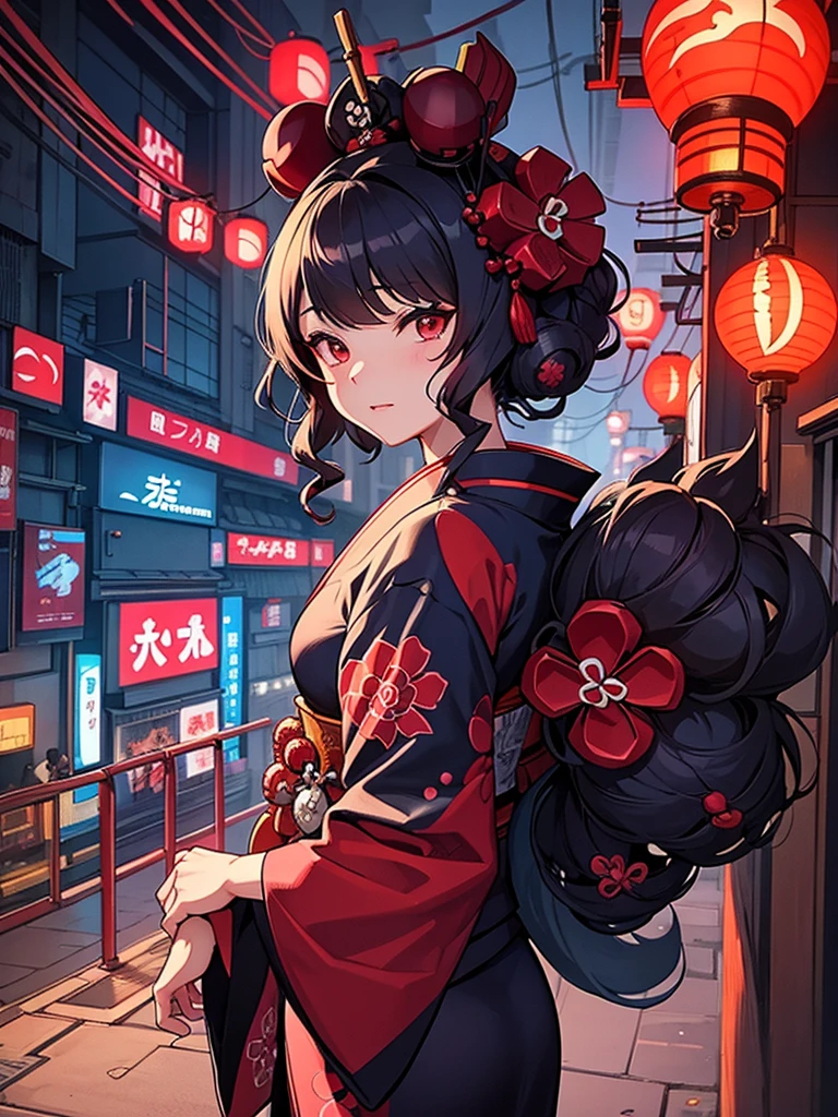 Japanese traditional dress, Katsushika Hokusai Style, (cyberpunk) (neon)