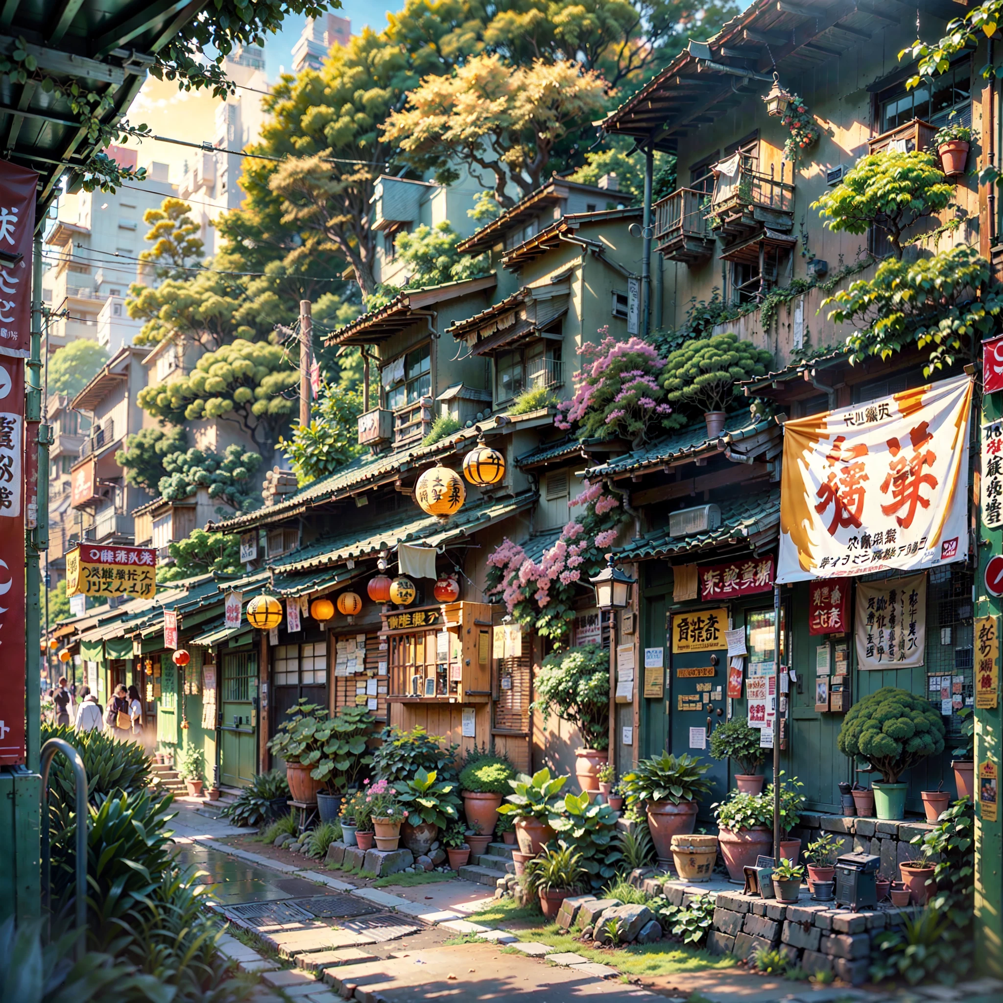 ((best quality)), ((masterpiece)), (detailed), A (compact:1.2) (narrow:1.2) alley stretching from left to right, featuring a (small Japanese coffee shop:1.3). (Overgrown trees:1.2) cover the tops of the buildings, creating a lush canopy. The scene is set at (sunrise:1.2) with (warm, golden lighting:1.3), creating a (vibrant:1.5) atmosphere. (Japanese banners and signs:1.3) adorn the shop, adding cultural detail. The alley is devoid of people, maintaining a (serene and peaceful:1.3) ambiance. The scene is rendered in (beautiful anime scenery:1.5) style, with (detailed:1.4) and (concept art-level intricacy:1.3), evoking a (Tokyo-esque:1.2) vibe. (No one:1.6) in sight.