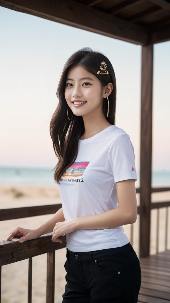 (8k, RAW photograph, Highest quality, masterpiece:1.3),(Genuine,photograph:1.37),(Looking at the audience:1.331),(Black Hair),Pause,Beachfront,Morning view,sunrise,sunny,One girl,Very beautiful face,small,Hands down,Pony Hairstyle,Hair weight,Fluffy hair,Shoulder length,Straight hair,Random representation,Smile with the corners of your mouth,Big eyes,(T-Shirts,Round Collar,Short sleeve,Opaque color,Shirt color),(Wear pants),Mix 4,Hair accessories are not permitted,Highest quality Hair