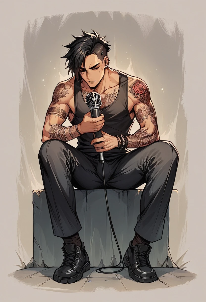 sainger, male ,black wolf cut black hair with maroon highlihts, tattoo's, punk, piercings, music-stage, musician, beautiful image, serene. masculine, musuclar. WITH A MICROPHONE IN HAND, full body.