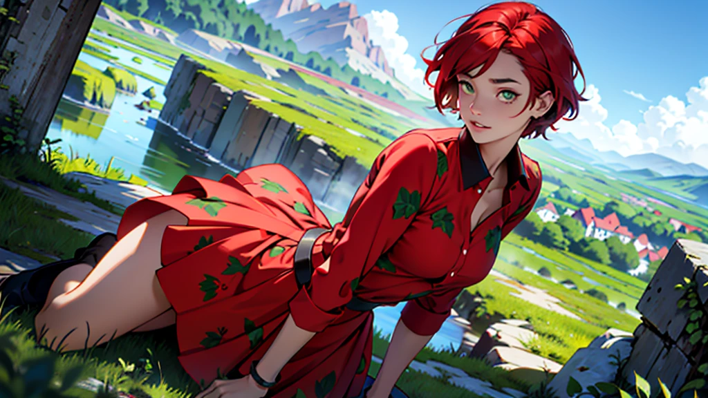 A girl with short red hair, with green eyes, dressed in a strawberry print, On a moraine background