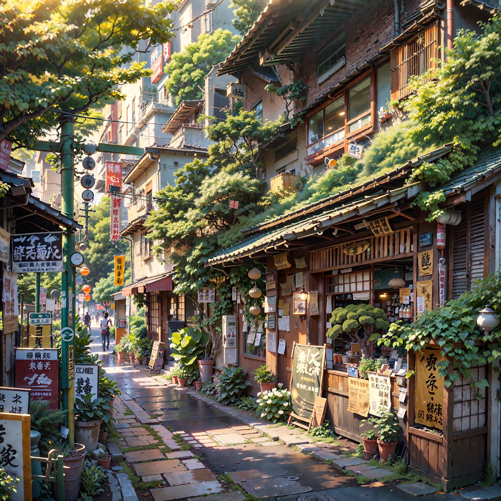 ((best quality)), ((masterpiece)), (detailed), A (compact:1.2) (narrow:1.2) alley stretching from left to right, featuring a (small Japanese coffee shop:1.3). (Overgrown trees:1.2) cover the tops of the buildings, creating a lush canopy. The scene is set at (sunrise:1.2) with (warm, golden lighting:1.3), creating a (vibrant:1.5) atmosphere. (Japanese banners and signs:1.3) adorn the shop, adding cultural detail. The alley is devoid of people, maintaining a (serene and peaceful:1.3) ambiance. The scene is rendered in (beautiful anime scenery:1.5) style, with (detailed:1.4) and (concept art-level intricacy:1.3), evoking a (Tokyo-esque:1.2) vibe. (No one:1.6) in sight.