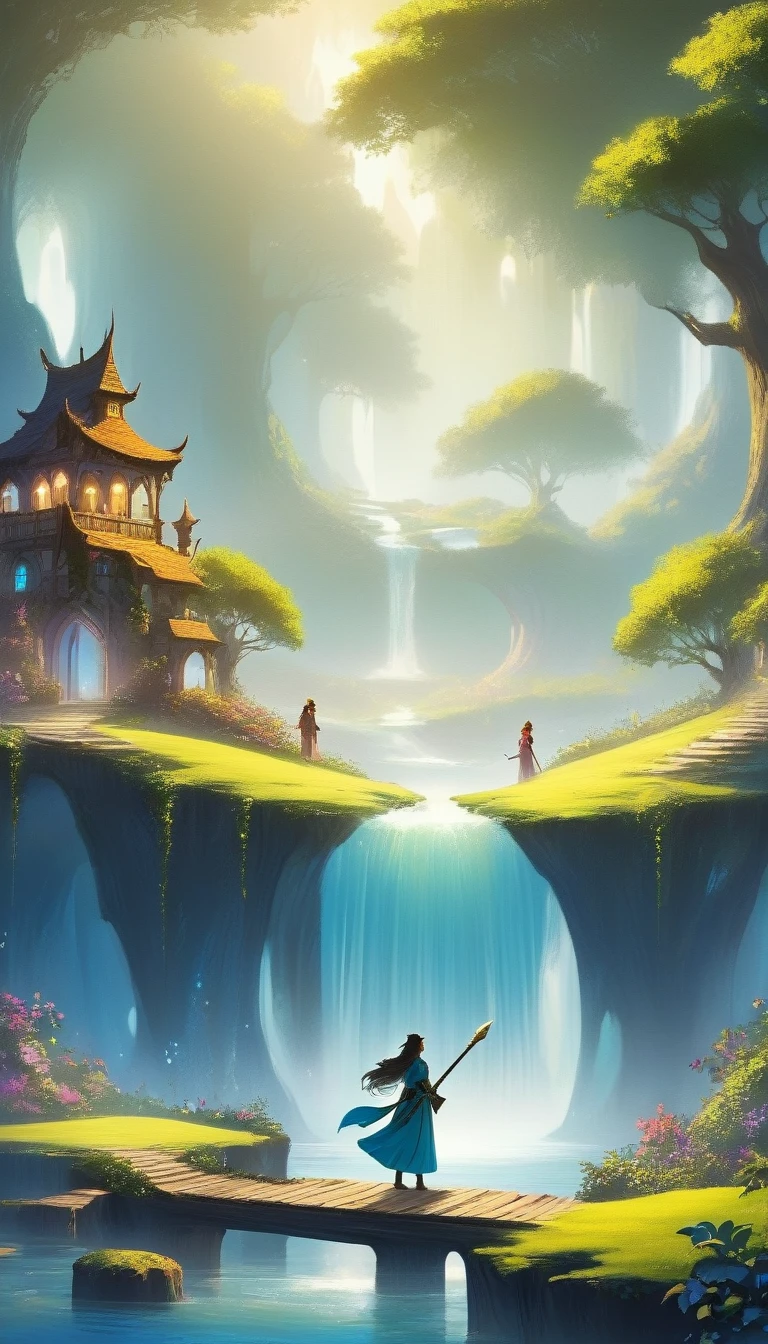 This image represents a beautiful scene from the fantasy world. It's during the day or early afternoon and the atmosphere is calm and great. In the foreground a female character appears sitting with her back to the viewer. She has long straight black hair and wears a white miniskirt with stockings and a tank top., very sexy green, rope belt, green necklace, armour. No fundo, we see a magnificent city built on a steep mountain or island. The city's architecture is reminiscent of the Middle Ages and the Renaissance, characterized by tall towers and dense buildings and futuristic elements. High above the city, there are buildings that look like castles and palaces that rise above the rest. Below the city, there are lush green fields and small buildings scattered around, which can be farms or cities. The landscape is lush and green with trees surrounding the settlements. Several ships are anchored at the foot of mountains and islands, suggesting that the city is an important port city. The sky is clear blue with few clouds, indicating that it is daytime or early afternoon. The overall atmosphere is calm and grand, suggesting adventure stories, exploration, or political intrigue in this fantasy world (art inspired by Bill Sienkiewicz). oil painting)