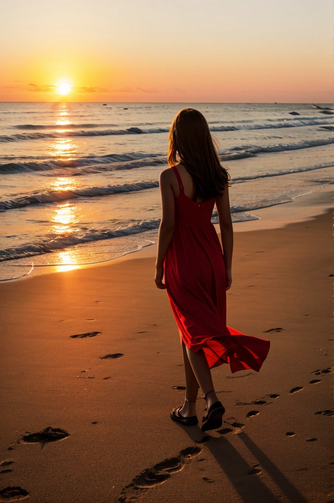 A  girl walking at the beach wearing a red dress and watching sunset