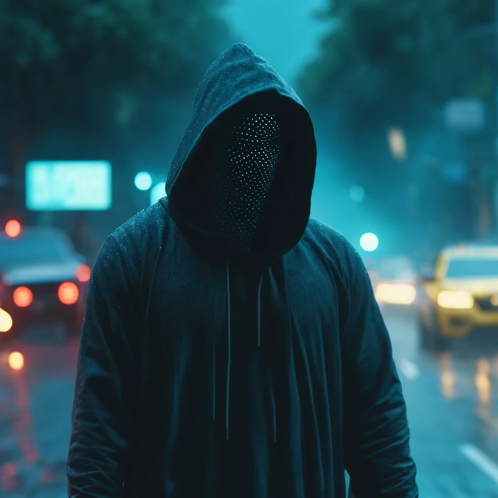 "cinematic still, medium shot on ARRI Alexa 35, a rapper hooded figure using chaos magic, low-key color grading, hyper-realistic pop, busy road, indian city 2024