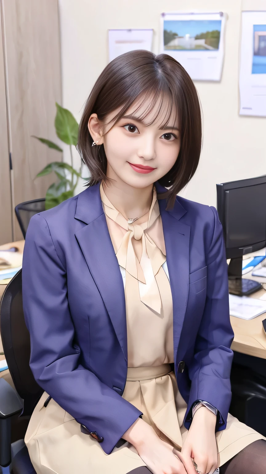 Highest quality:1.2), RAW Photos, High resolution, Very detailed, Intricate details, Woman sitting in office chair、Full body photo、Short Haircut、Wavy Hair、、ear piercing、smile、Beautiful teeth alignment、Brown Hair(Front view, ), Clear beauty, Upper Body, (High quality fabric, Office Lady Suit 、Knee-length skirt、tights、pumps、Necklace around the neck、, The background is the office
