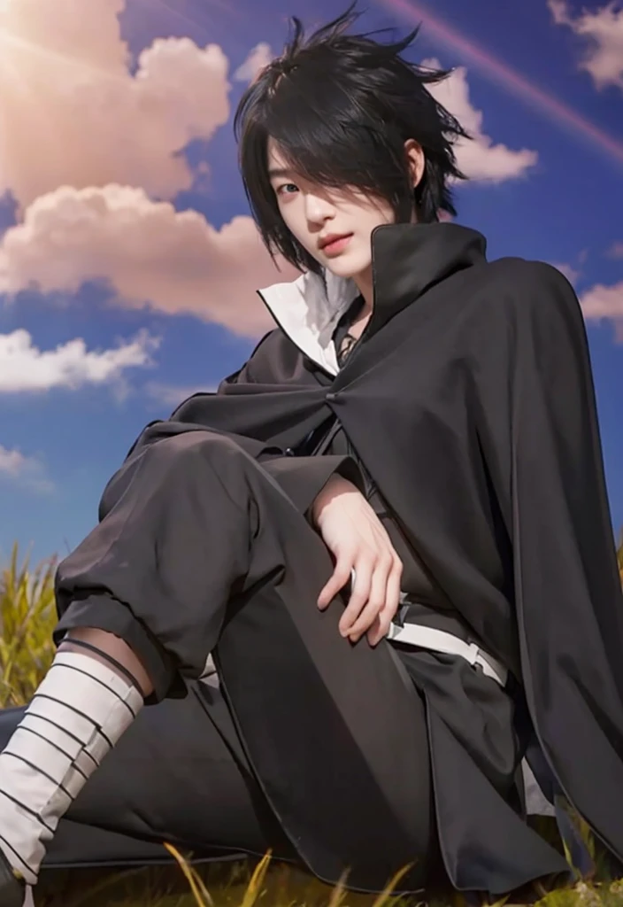 Real life adaption of this character,handsome Korean face ,spiky hairstyle with bang in the front ,black cloak ,realistic outfit,hyper realistic,realistic shadow,realistic light,realistic shadow,realistic eye,realism,(photorealistic1:2)