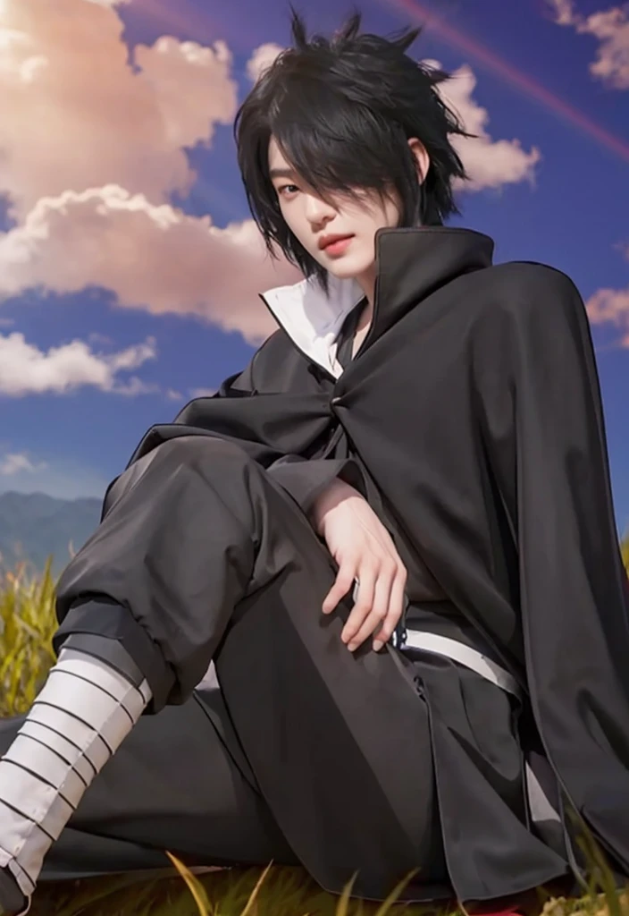 Real life adaption of this character,handsome Korean face ,spiky hairstyle with bang in the front ,black cloak ,realistic outfit,hyper realistic,realistic shadow,realistic light,realistic shadow,realistic eye,realism,(photorealistic1:2)