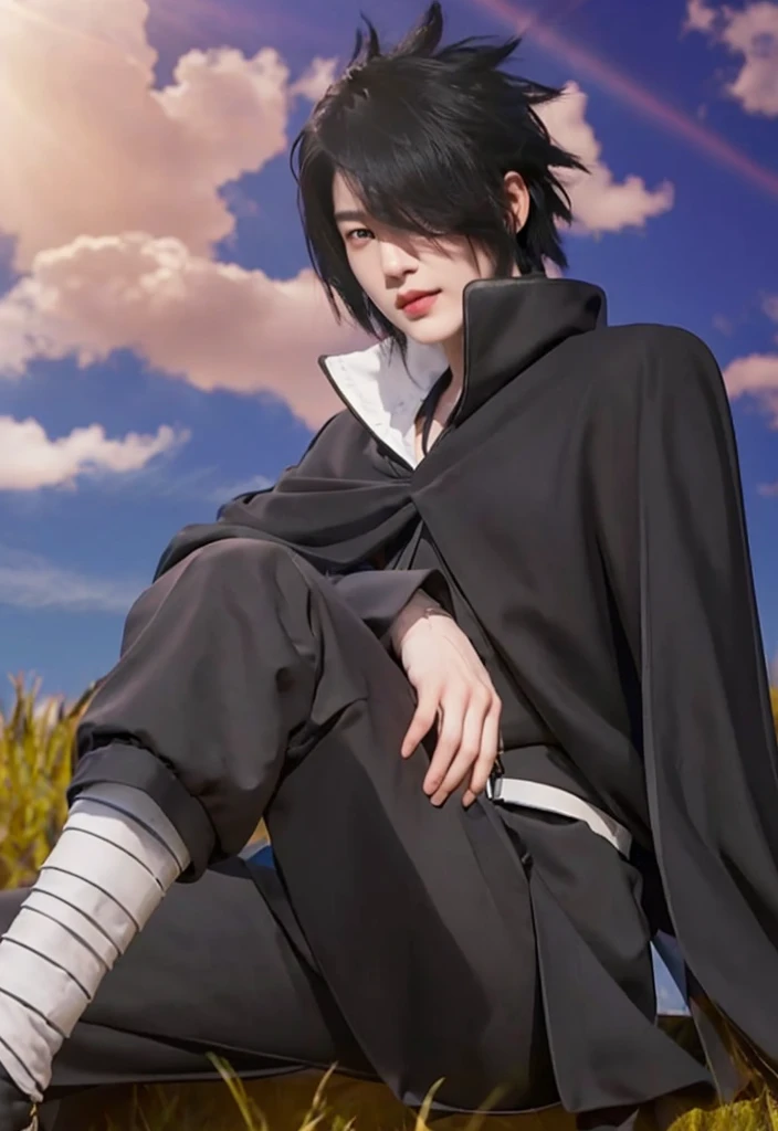 Real life adaption of this character,handsome Korean face ,spiky hairstyle with bang in the front ,black cloak ,realistic outfit,hyper realistic,realistic shadow,realistic light,realistic shadow,realistic eye,realism,(photorealistic1:2)