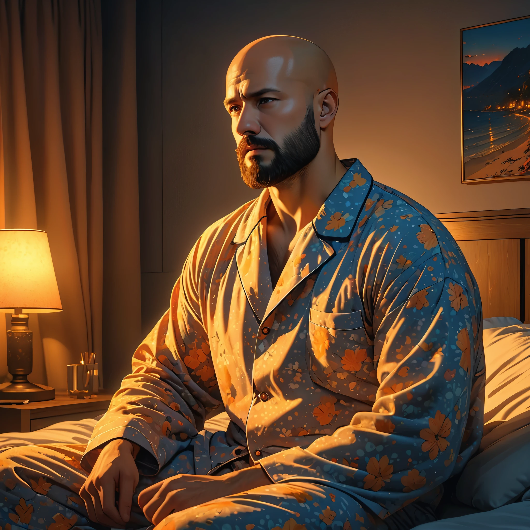 drawing of a man sleeping with a content expression next to his wife, extremely detailed faces, subject is bald with a beard, ultra-detailed, (best quality,4k,8k,highres,masterpiece:1.2), HDR, UHD, studio lighting, vivid colors, warm color tones
