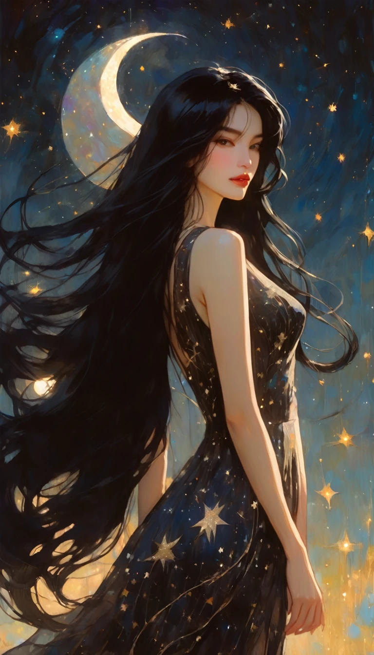 woman with long, sexy black hair, wearing an embroidered dress whose fabrics fly across the image,magic, fantastic, night sky, moon, stars, background, (simple oil painting in a style to Bill Sienkiewicz)
