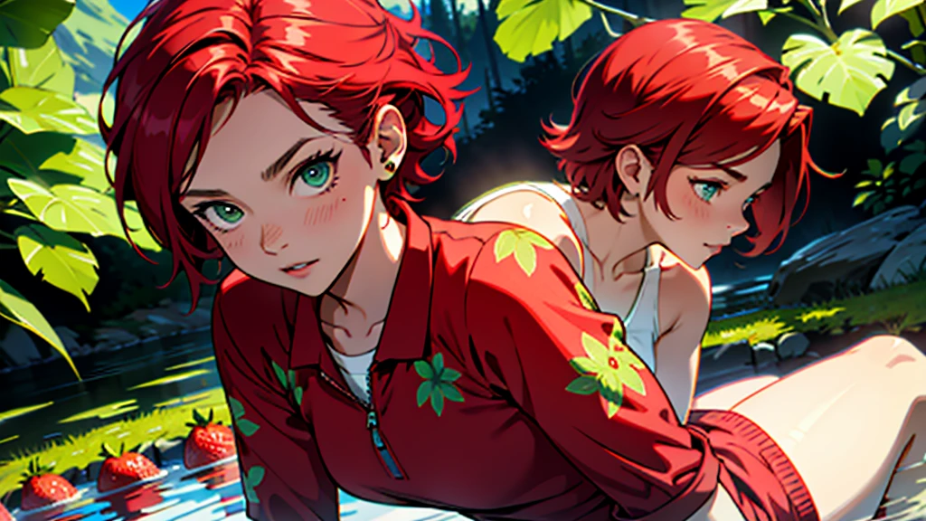 A girl with short red hair, with green eyes, dressed in a strawberry print, On a moraine background