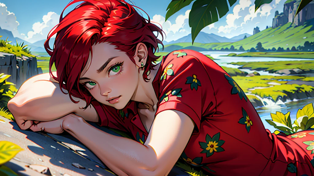 A girl with short red hair, with green eyes, dressed in a strawberry print, On a moraine background