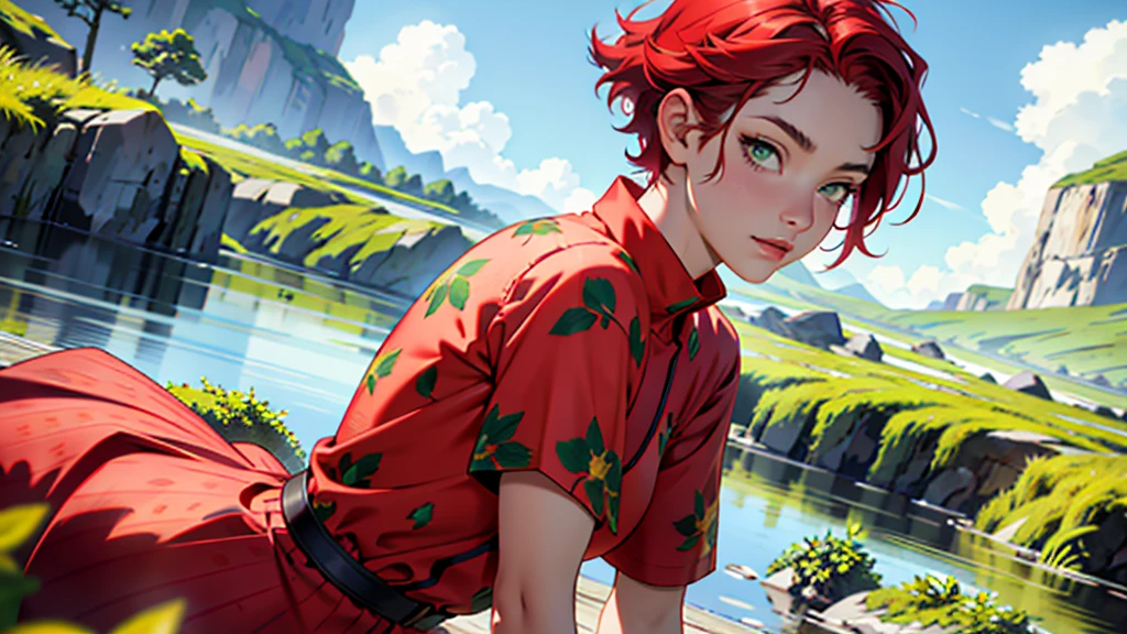 A girl with short red hair, with green eyes, dressed in a strawberry print, On a moraine background