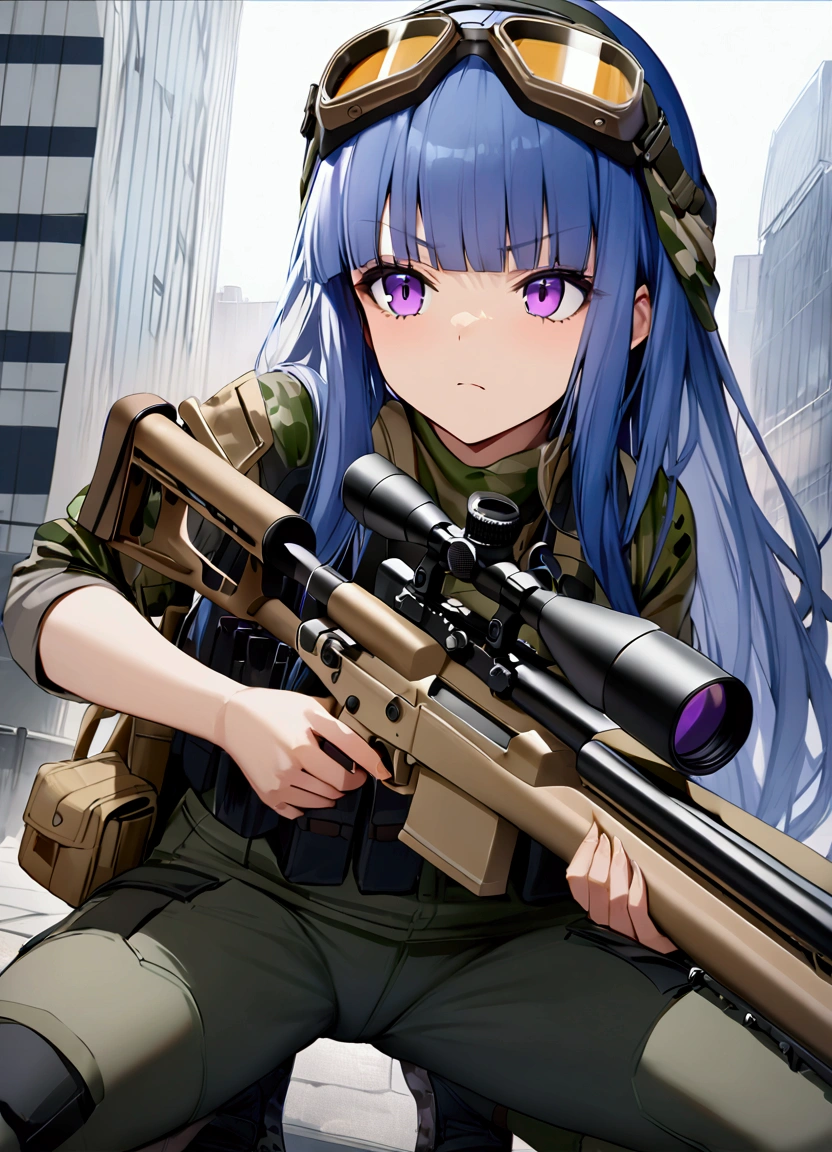 (Ultra-high resolution), (masterpiece), (Attention to detail), (high quality), (最high quality) , Full Out Rika, Blue Hair, Purple eyes, Long Hair, blunt bangs, bangs, 1 girl, alone, ((Sniper)), Sniperライフル, Tactical Gear, Urban Background, skyscraper, Camouflage, Sniper pose, Serious expression, goggles, Urban Camo, Kneeling