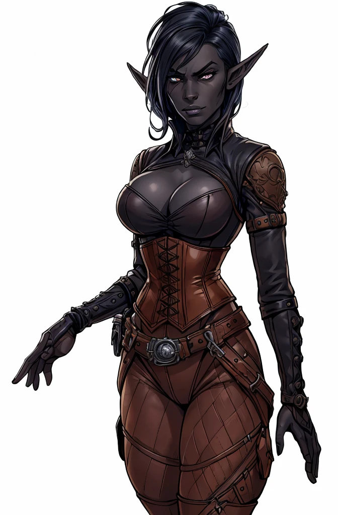 A butch henchwoman, leather corset, steampunk outfit, cowboy style, dark elf with grey skin, highly detailed, realistic, photorealistic, 8K, HDR, ultra-detailed, sharp focus, professional lighting, dramatic lighting, cinematic, moody, dark, gritty, intense, powerful, imposing, menacing, drow, hyper realistic, masterpiece
