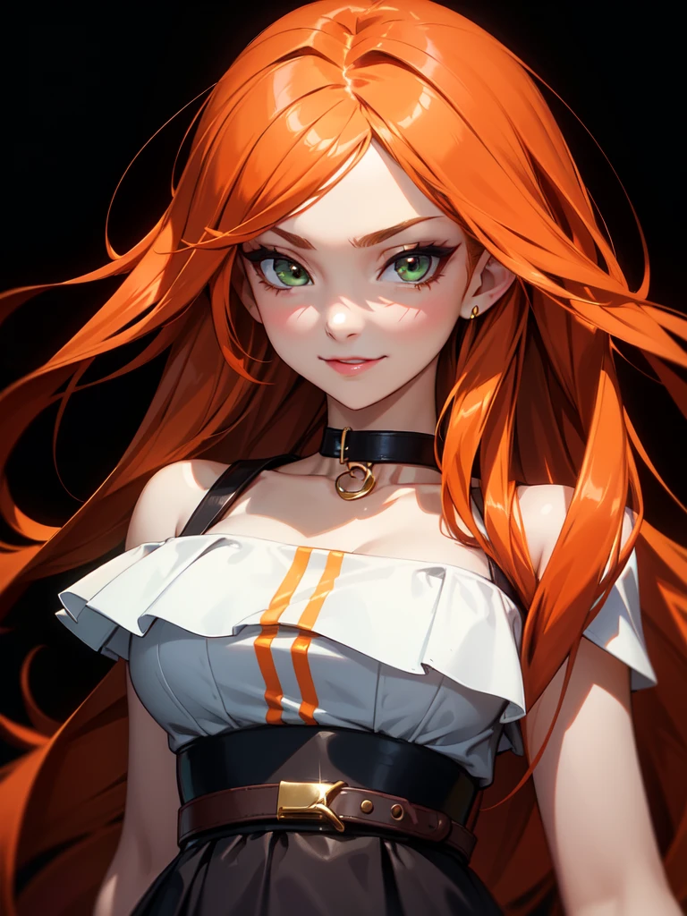 long orange hair, green eyes, large cleavage, profile picture, portrait 