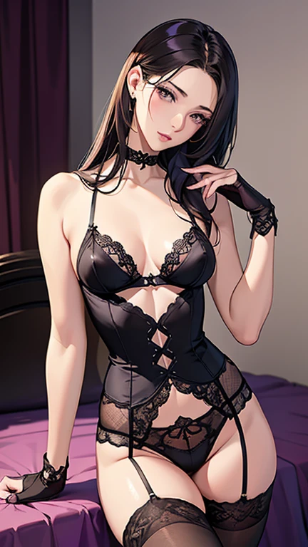 masterpiece,Ultra-high resolution、Highest quality、In a dark bedroom、Colorful lighting、Sexy pose、Elegant woman in her 40s、tilt your head、Focus on panties、Brown long hair:1.2, Detailed eyes, NSFW, look down、provoke、Tilt your head、Tsundere、Glossy lips、Purple eyeliner、Purple Rouge:1.3、Small breasts、The body is slim、Narrow waist、Cowboy Shot、Black sheer lace bra、Black sheer lace boy-leg shorts、Sheer lace gloves、garter belt、choker、thighhighs