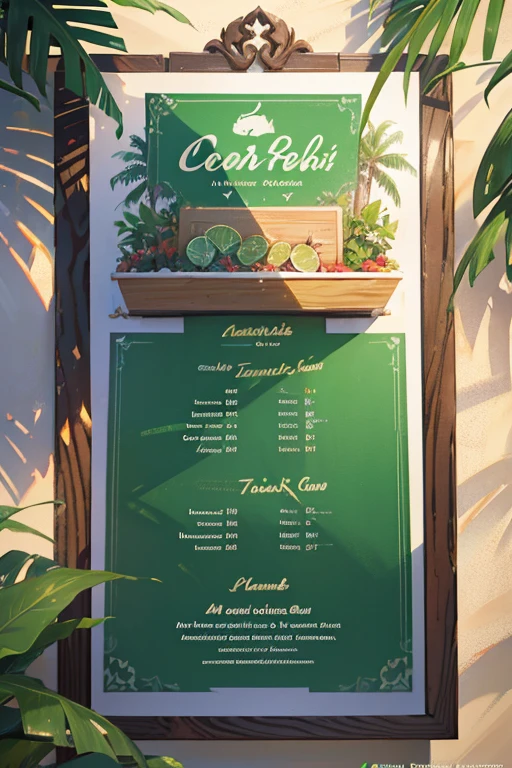 Accurate Sketch of a tropical bar menu, (((professional menu design))), (best quality:1.2), (detailed:1.2), (4k, high resolution), (masterpiece:1.2), ultra-detailed, (realistic, photo-realistic:1.37), A4 format, 4 pages layout, "Green Bar" neon sign title, crocodile silhouette watermark, palm tree silhouettes, wavy line dividers, cat icons as bullet points, cocktail section with palm leaf frames, "420" section with subtle ganja symbols, sand texture background, (beach resort atmosphere:1.1), color sketch, clean lines, simple sans-serif font, clear layout design, modern tropical style, (menu structure:1.2), price alignment, contact information footer, social media icons, QR code on last page, (readability:1.3), balanced composition