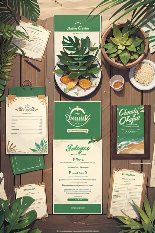 Accurate Sketch of a tropical bar menu, (((professional menu design))), (best quality:1.2), (detailed:1.2), (4k, high resolution), (masterpiece:1.2), ultra-detailed, (realistic, photo-realistic:1.37), A4 format, 4 pages layout, "Green Bar" neon sign title, crocodile silhouette watermark, palm tree silhouettes, wavy line dividers, cat icons as bullet points, cocktail section with palm leaf frames, "420" section with subtle ganja symbols, sand texture background, (beach resort atmosphere:1.1), color sketch, clean lines, simple sans-serif font, clear layout design, modern tropical style, (menu structure:1.2), price alignment, contact information footer, social media icons, QR code on last page, (readability:1.3), balanced composition