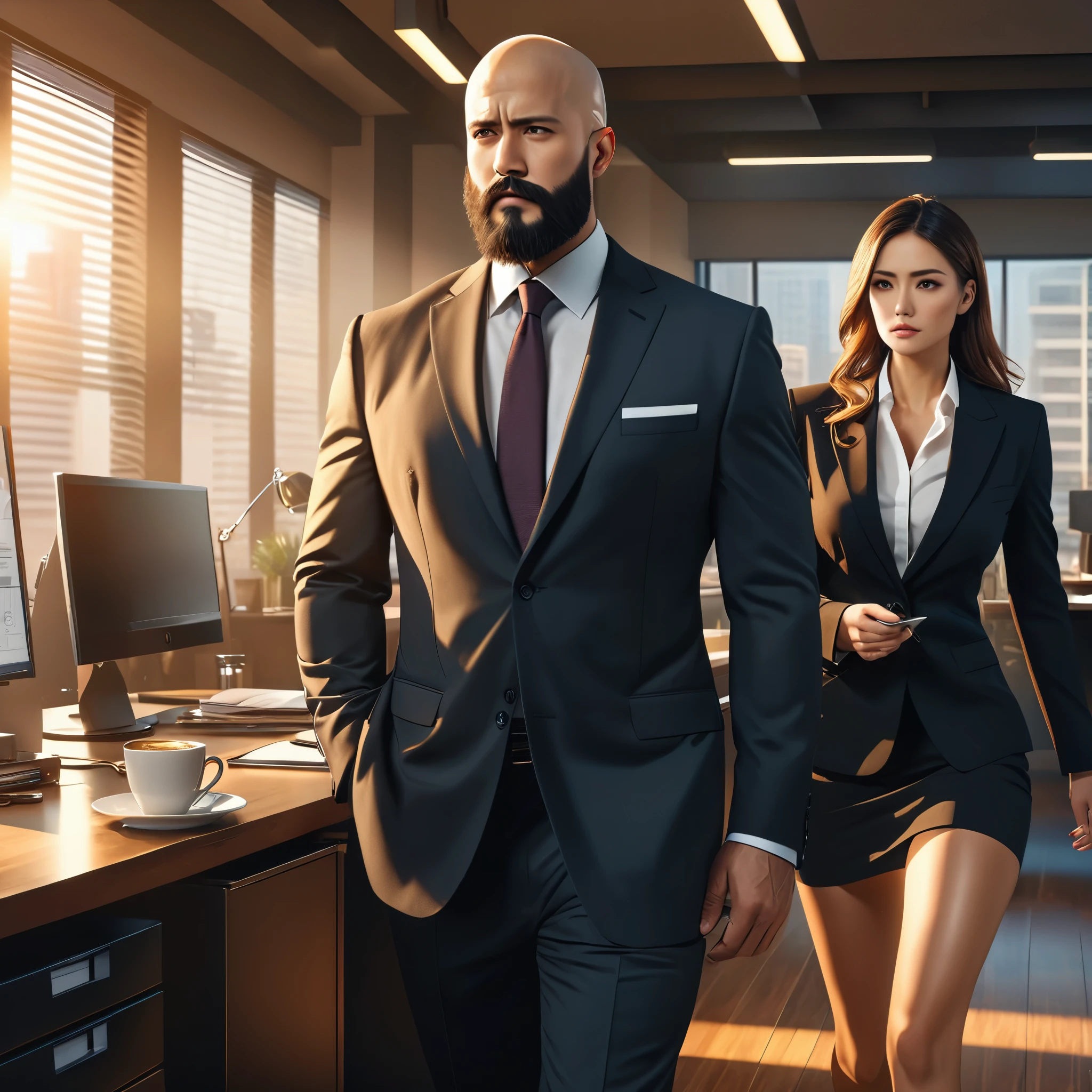 drawing of a man sleeping with a content expression next to his wife, extremely detailed faces, subject is bald with a beard, ultra-detailed, (best quality,4k,8k,highres,masterpiece:1.2), HDR, UHD, studio lighting, vivid colors, warm color tones
