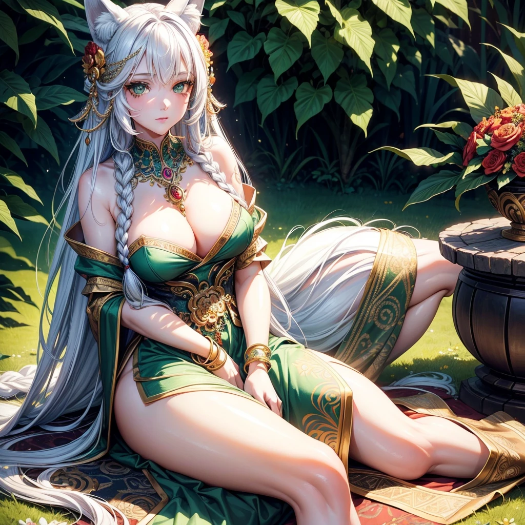 soft lighting, atmospheric, 1girl, solo, sitting, lemon red eyes, (starry sky, night, city) +, protruding, blue legwear, thighs, garter straps, (gigantic_breasts:1.4), fox ears, (subsurface scattering) +, long hair, blue and green pencil dress, brown pouf chair, messy hair, gray hair, blonde hair, exposed shoulders, highlighted sleeves, transparent clothing, window, bookcase, necklace, necklace,  evil smile, on tongue, tongue out, cowgirl crouching position,masterpiece: 1.1), best quality, highest quality, perfect anatomy, absurd, ultra-detailed, 8k wallpaper, texture, detail, unique, HDR, extremely detailed CG, elaborate features, highly detailed eyes, beautiful intricate eyes, ray tracing, perfect face, detailed face, octane rendering, 1girl, close to the viewer,  cowboy shot, sharp focus, clearly, flat lighting, soft lighting, asymmetrical hair, braid, mature, mature, innocence, tribe, tribal, [divine], [majestic], pure, fantasy, spiritual, tribal tattoo, body tattoo, tiara, jewelry, detached sleeves, skin, beast hair, golden lace, body paint, tribal pattern, (gigantic and flaccid tits:1.1), light blush, sweaty, vibrant colors, (chubby:1.2), (nipple pastels:1.1),  fat, jungle, tree, ivy plants, (Amazonian \(tribe\):1.2), forest, tropical, rainforest, foliage,