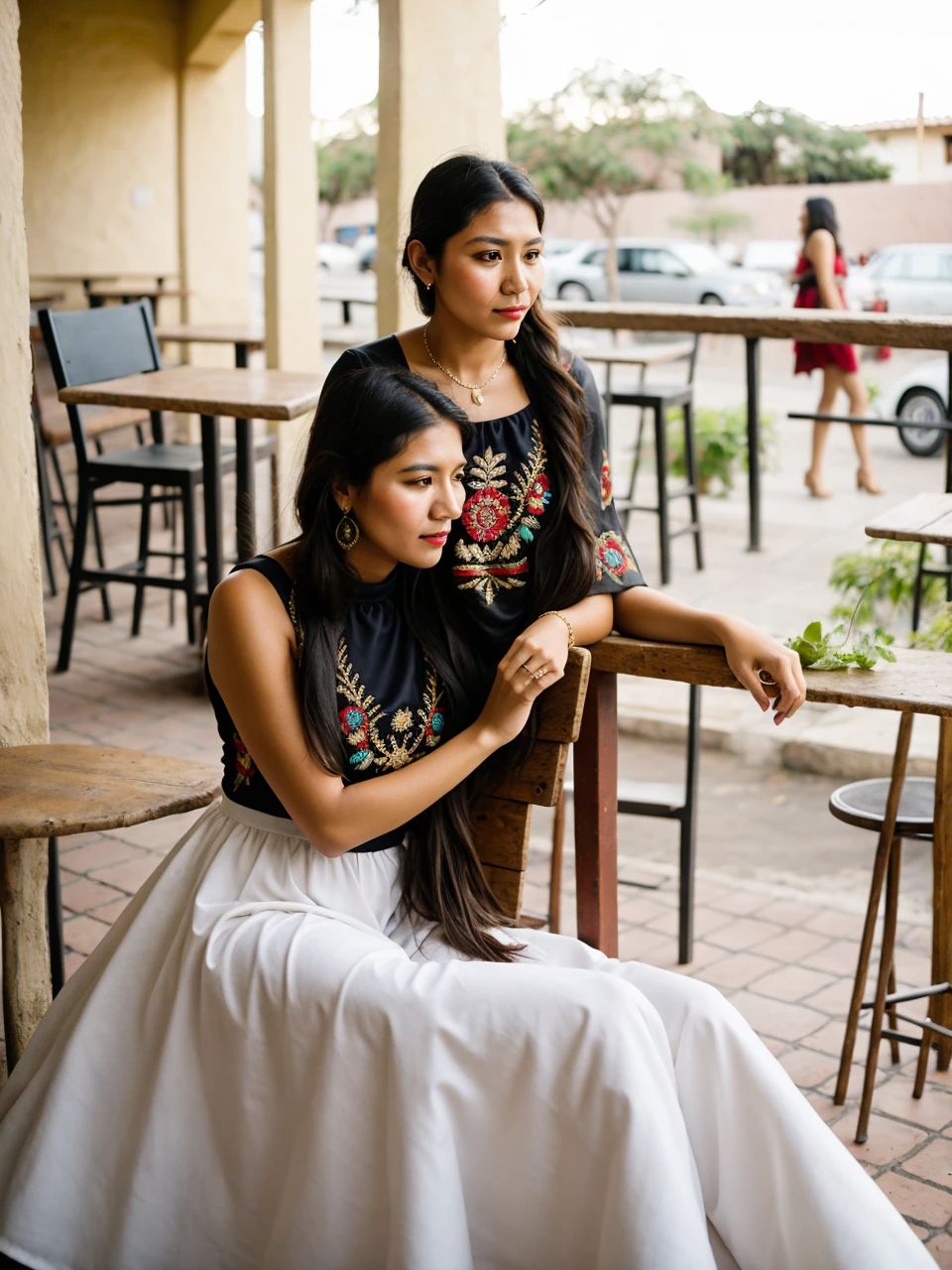 Women, large eyes, Cafés, very long hair, black hair, BROWN SKIN, 27 years, chapparrita, Indigenous woman, embroidered costume, mexican, medium robust build, he doesn't have a hat