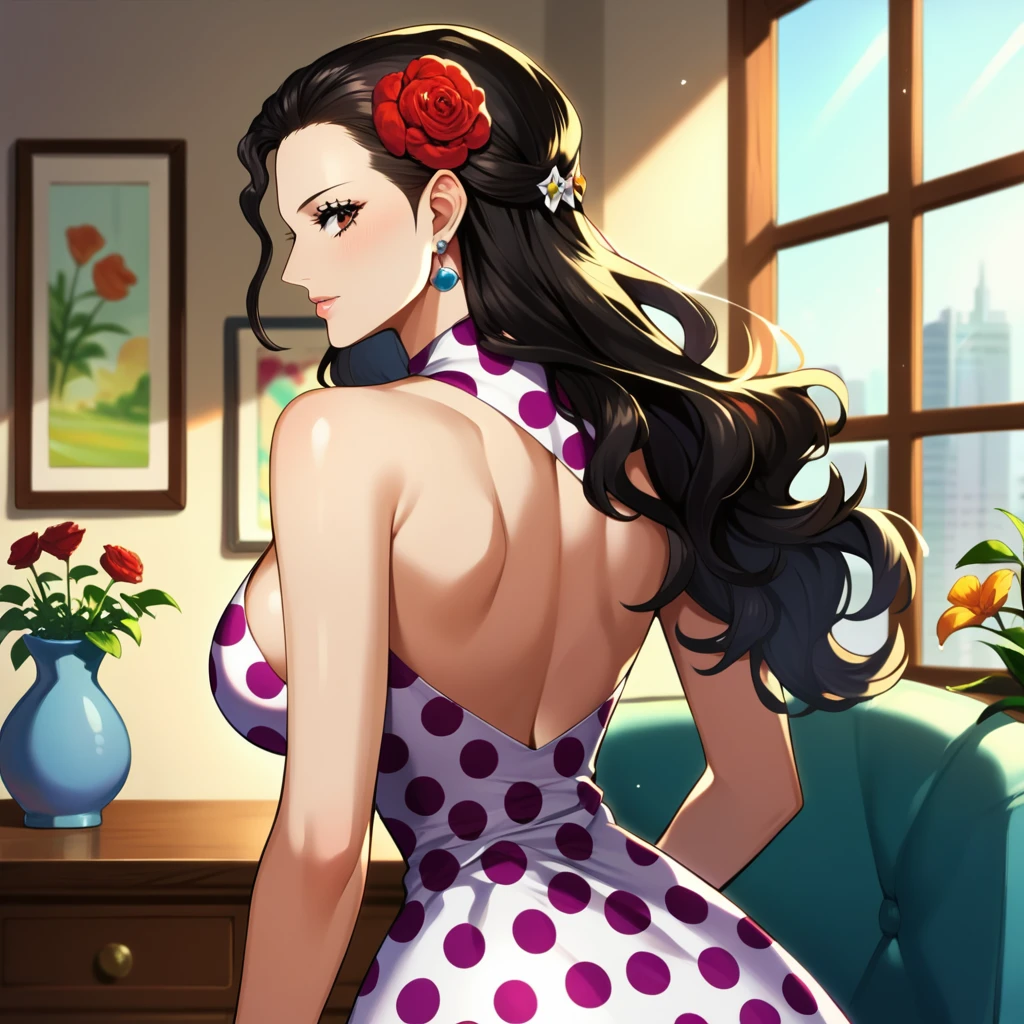 score_9,score_8_up,score_7_up,score_9,score_8_up,score_8,ultra detailed,beautiful face,highres BREAK ViolaOP,1girl,solo,long hair,large breasts,brown eyes,black hair,dress,bare shoulders,hair flower,sensual lips,hair slicked back,polka dot,polka dot dress,room,room background,from behind,looking back,