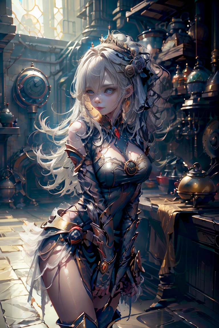 only, Super fine photo, Unreal Engine 5 8K UHD digital art portrait of a girl, conceptual art, character concept design, wearing a tight, shiny white dress with metallic details, golden crown, blue eyes, fantasy princess, metal glove, long blonde hair, The best quality, Masterpiece, super detailed, sharp focus, Subjective pose and sexy and innocent and. Look at the viewer. slight smile.